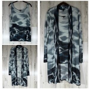 Robert Kitchen Sweater Cardigan Tank 2pc Set Large Blue Grey Abstract Snakeskin